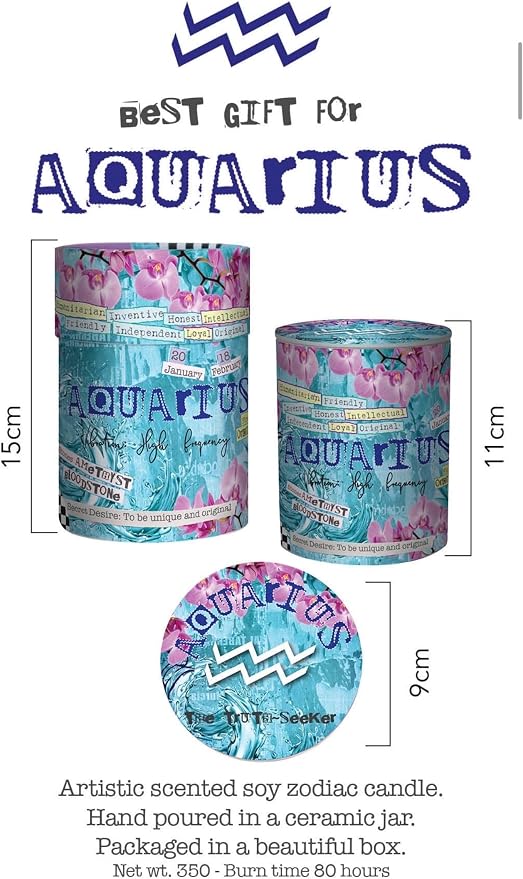 Aquarius Zodiac Candle – Jasmine Scented Soy Candle for Self Care & Relaxation – Zodiac Birthday Gift – 80 Hour Burn – Reusable Ceramic Jar