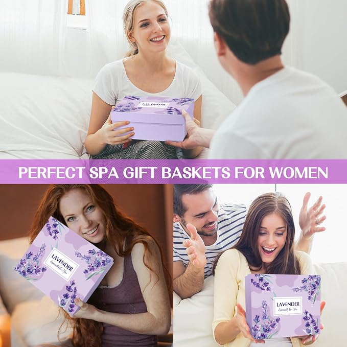 Spa Gift Baskets for Women, Lavender Birthday Gifts for Women, Relaxing Spa Kit Box, Bath and Body Gift Set for Her Mom Wife Sister Friends, Self Care Gift for Woman Mothers Day Christmas Idea