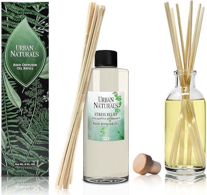 Urban Naturals Reed Diffuser Oil Refill Eucalyptus Spearmint with Lemon Peel, Clary Sage 8 oz + Free Reed Sticks, Made in the USA