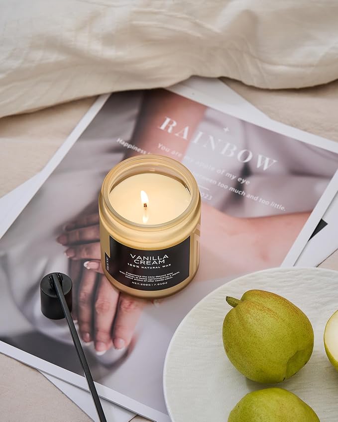 M&SENSE Vanilla Candles for Home, 7.05oz All Natural Organic Soy Wax, 50 Hours Non Toxic Clean Burn, Cute Scented Candle for Stress Relief Relaxing, Aromatherapy Gift for Women Men