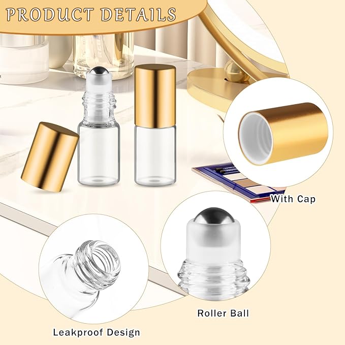 40 Pcs Essential Oils Roller Bottles Small Refillable Glass Perfume Bottles Sample Vials with Roller Balls & Gold Lids for Travel Cosmetic - 3ml