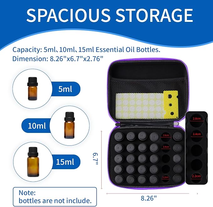 Essential Oil Storage Holder Organizer Carrying Case - 30 Bottles | Hard Shell Essential Oils Box Holds 5ml 10ml 15ml Bottle Travel Bag with Labels & Foam Insert for doTERRA & Young Living