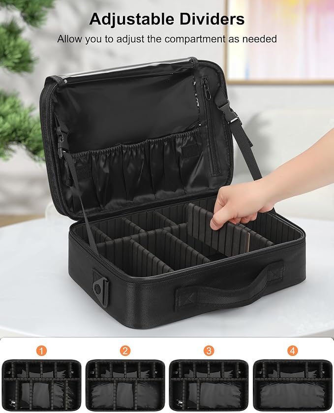 Relavel Makeup Bag Train Case for Women Travel Cosmetic Organizer with Adjustable Dividers and Brush Compartment, Large Storage Box for Cosmetics, Toiletries, Nail Polish, Jewelry, Electronic (Black)