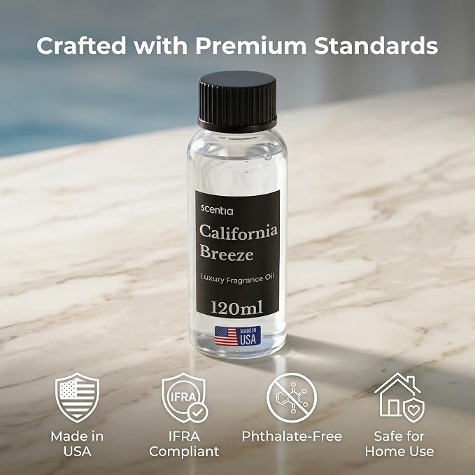 Scentia California Breeze Diffuser Oil Refill – Hotel Fragrance Oil Inspired by Delano Beach Club – 120 mL – Orange, Green Tea & Jasmine Long-Lasting Scent for Ultrasonic & Waterless Diffusers