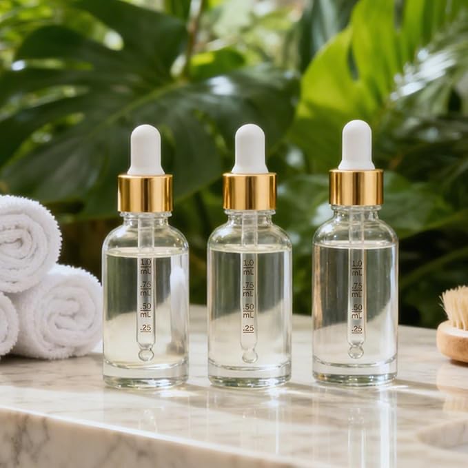 Bumobum 2 Pack, 2 oz Golden Cap Clear Glass Eye Dropper Bottle with Labels and Funnel, Leakproof Tincture Bottle with Measured Dropper for Essential Oils Bottles