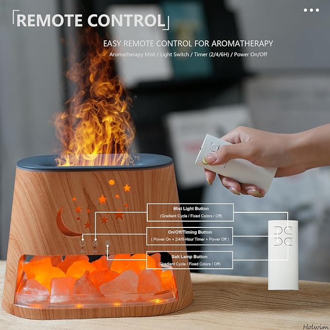 Flame Essential Oil Diffuser & Himalayan Salt Lamp: 260ml Aromatherapy Diffuser & Ultrasonic Cool Mist Humidifier with Himalayan Pink Salt Rock, Remote, 7-Color LED, 3 Timer (Moon Star + Wood Grain)