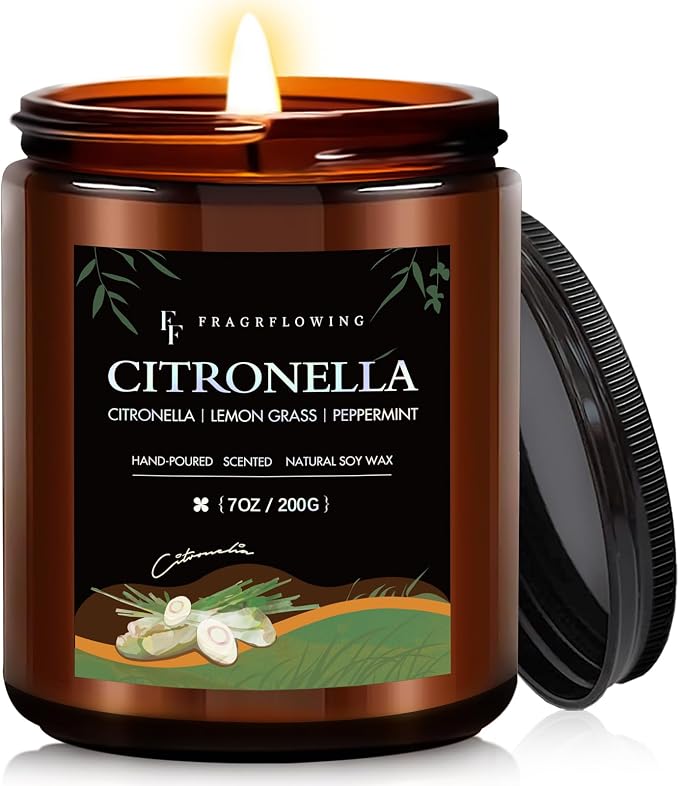Citronella Candle, Indoor Outdoor Lemongrass Scented Candle，Natural Soy Wax Jar Candle, 50-Hour Burn Time, 7 oz
