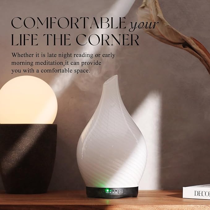 Porseme 280ml Essential Oil Diffuser Glass Color Changing Aroma Air Diffusers Aromatherapy Ultrasonic Cool Mist Humidifier 7 Running Hours Waterless Auto-Off for Sleeping Yoga Office Spa(Pure White)