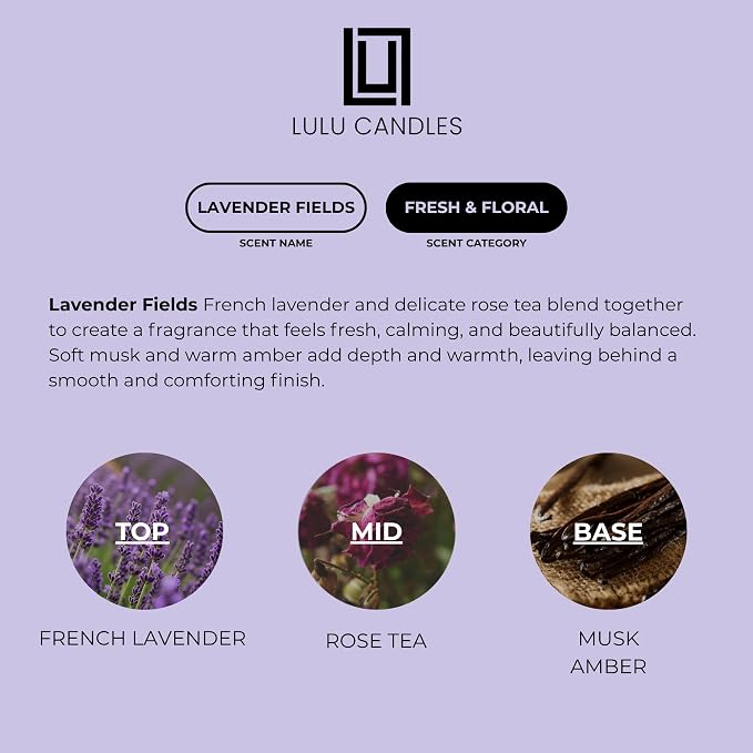 Lulu Candles | Lavender Fields | Luxury Scented Soy Jar Candle | Hand Poured in The USA | Highly Scented & Long Lasting- 9 Oz.