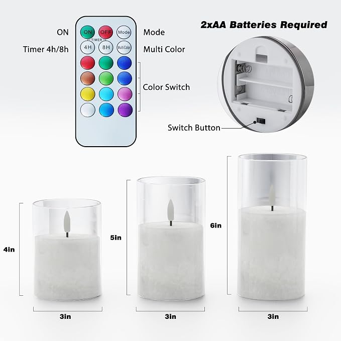 VIODAIM 12Colors Ice Crystal Real Wax Glass Flameless Candles with Remote & Timer, Battery Operated Candles with Warm Flickering Flame, Realistic LED Candle for Wedding Home Decor [D3×H4/5"/6"] 3Pack