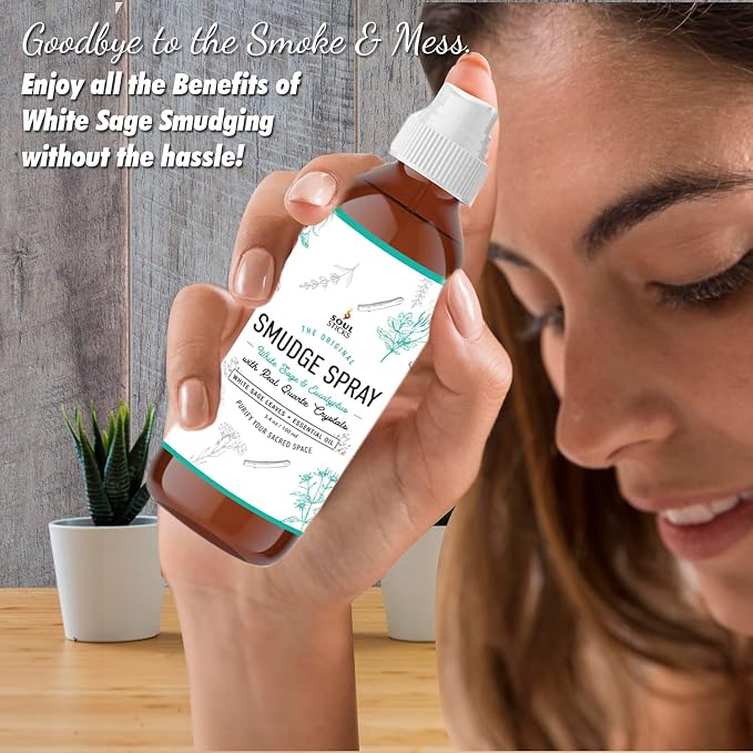 SOUL STICKS White Sage & Eucalyptus Smudge Spray – 3.5oz Smokeless Energy Mist with Quartz Crystals – Essential Oil Spray for Focus, Clarity, Aura Cleansing, Meditation, and Home Refreshing