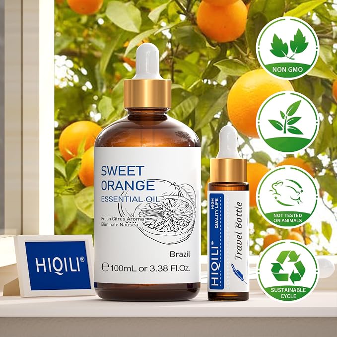HIQILI 100ML Orange Essential Oil for Air Freshener, DIY Soap, Skin Care, Can be Added to Diffusers, Dryer Balls, Lotions for Use - 3.38 Fl Oz | Aromatherapy for Diffusers & Air Freshening, Skin Care, DIY for Cleaning Spray, Hand Soap, Candle & Soap