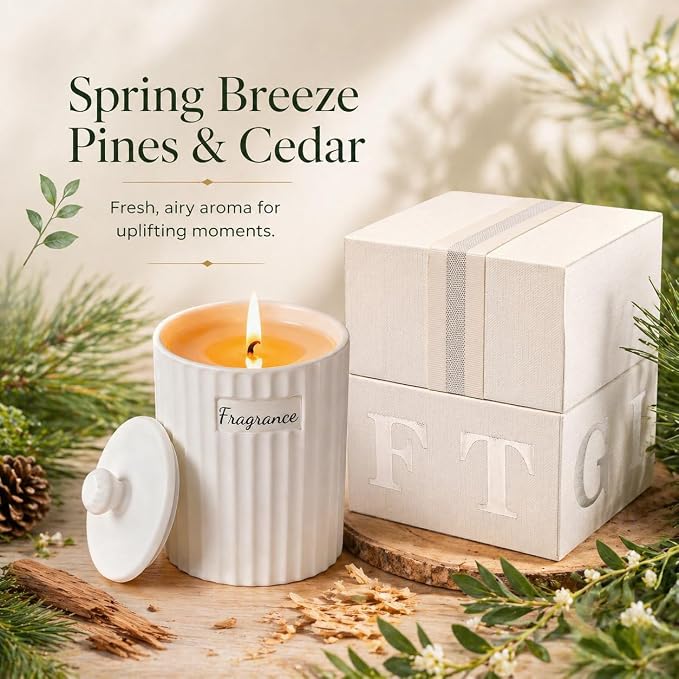 Viyffo 6.35oz Small Scented Candle - Spring Breeze Pines & Cedar, Ivory Non Toxic Soy Candle Gift for Women, Matte Ceramic Jar with Lid Candle, Luxury Fragrance, Elegant Spring Décor & Birthday Gift