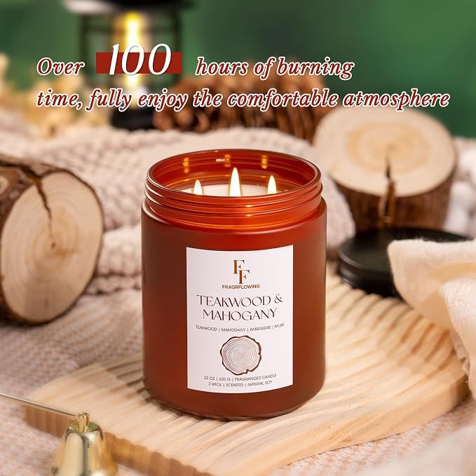 Teakwood & Mahogany Large Christmas Scented Candle, 3-Wick 22oz Long Lasting Scented Candle, Natural Soy Wax Aromatherapy Candle for Home, Holiday Candle Gifts for Women Men