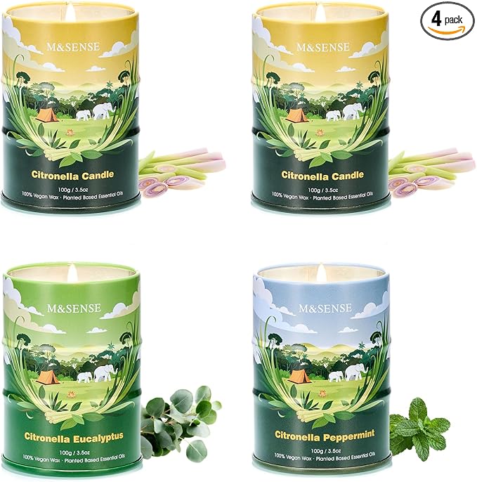 M&SENSE Citronella Candles Outdoor–80 Hour Burn, 4 * 3.5oz Natural Non-Toxic Soy Wax, Outdoor & Indoor Use for Patio, Camping, Home