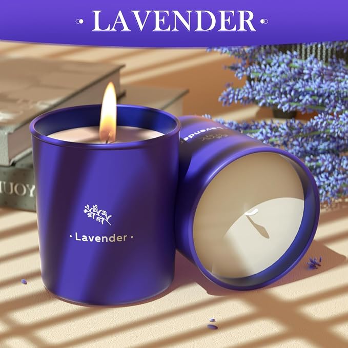 TranquilBliss Lavender Candles for Home Scented, 8 oz Scented Candles Present, Purple Jar Wax, Made with Soy for Women, 45 Hour Long-Lasting Burn for Girl Women Birthday Present Giving - 2 Pack