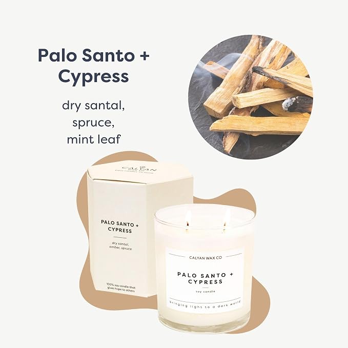 Calyan Wax Co. Palo Santo & Cypress 2 Wick Scented Candle - 37 Hour Burn - Luxury Clean Soy Wax Candles - Long Lasting Large Glass Jar Candle for Home - 8.8oz