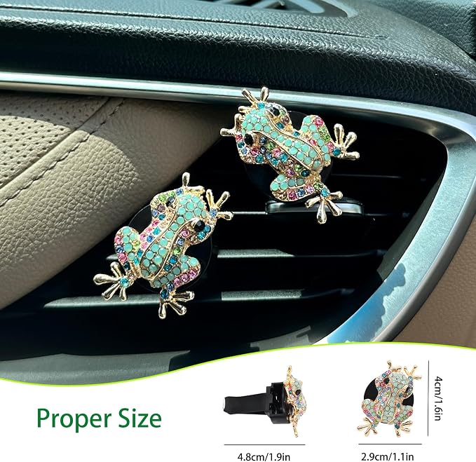 ORIESSE Frog Car Decor,2pcs Tree Frog Car Air Freshener Vent Clips,Cute Dashboard Decorations for Women Teens,Refillable Outlet Diffusers,Alloy Coloful Rhinestones Charm