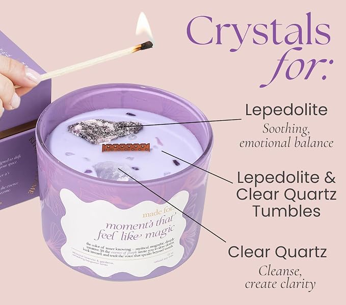 Purple Crystal Candle for Women – 12oz Large Luxury Soy Wax with Crackling Wood Wick, Slow Burn Meditation with Healing Crystals, Birthday or Mother’s Day Gift