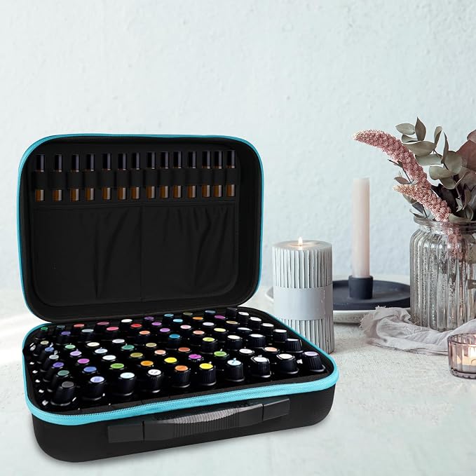 EVA Essential Oil Storage Carrying Case, 70 Bottles, Essential Oils Box for 5ml 10ml 15ml Roller Bottles Travel Storage Organizer Bag for doTERRA & Young Living (Blue)