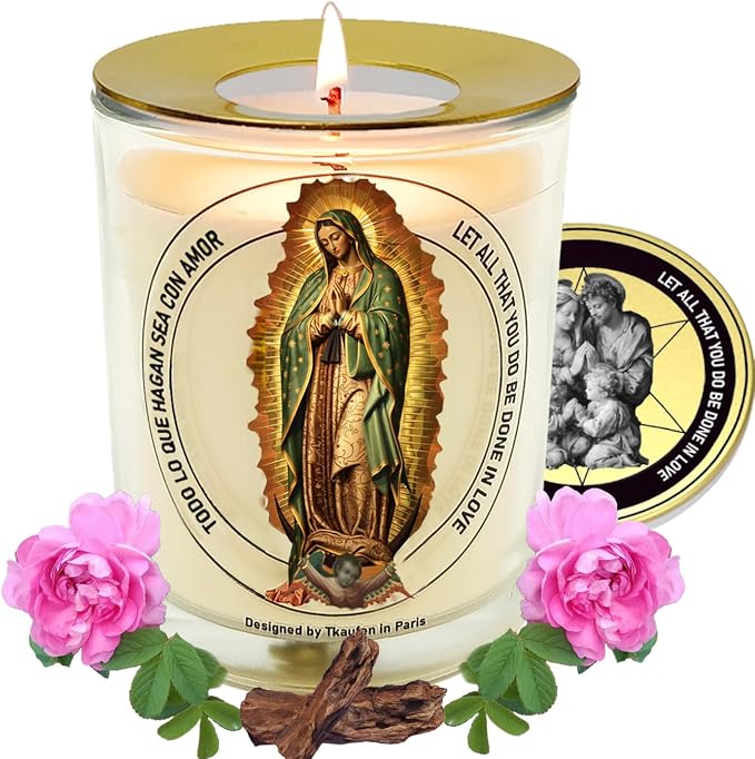 Lady Guadalupe Rose Scented Candle 50 Hours with Warmer Ring│Hand-Poured Natural Soy Wax│Universal Mother, Love, Patroness, Devotee, Blessing, Family Unity│Design in Paris│3“×3.6”