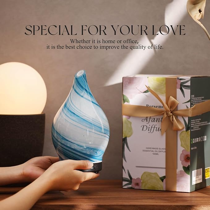 Porseme 150ml Essential Oil Diffuser Glass Color Changing Aroma Air Diffusers Aromatherapy Ultrasonic Cool Mist Humidifier 6 Running Hours Waterless Auto-Off for Sleeping Yoga Office Spa (Blue Ink)