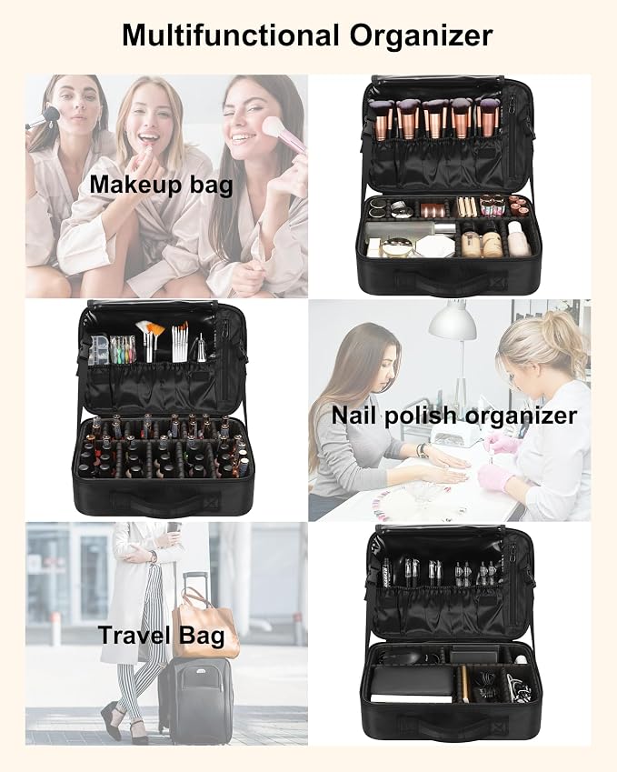 Relavel Makeup Bag Train Case for Women Travel Cosmetic Organizer with Adjustable Dividers and Brush Compartment, Large Storage Box for Cosmetics, Toiletries, Nail Polish, Jewelry, Electronic (Black)