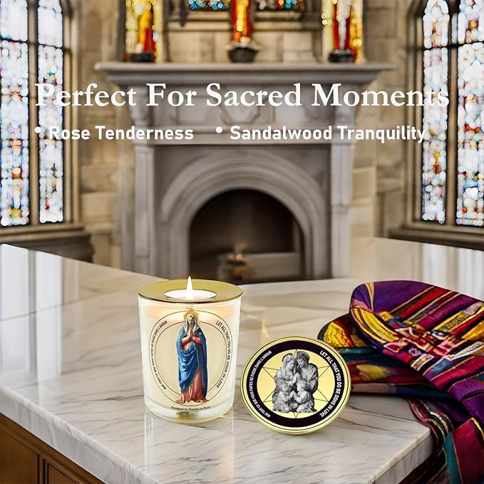 Mother Virgin Mary Rose Scented Candle 50 Hours with Warmer Ring│Natural Soy Wax│Family Protection, Guidance, Miraculous Blessing, Eternal Love, Grief Comfort│Design in Paris│3“×3.6”