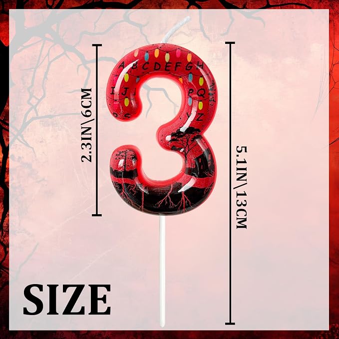 Red Number 3 Birthday Candle for Cake – Dark Horror Style with Alphabet Print & Shadow Design – Unique Cake Topper for Birthday, Anniversary, Themed Party Decoration