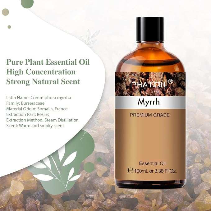 Myrrh 3.38fl.oz Essential Oil, PHATOIL Pure Aromatherapy Oils for Diffuser, Humidifier, Perfect for DIY Soap, Candle, Bath Bombs Making(100ml)