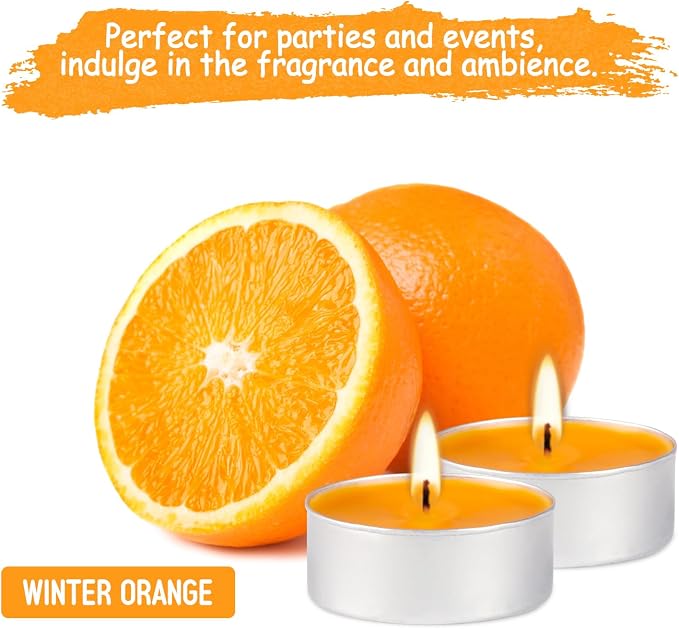 100 Pack Scented Tealight Candles 4 Hours, Winter Orange Aromatherapy Candles for Votive Home, Wedding Holiday and Emergency (Orange)