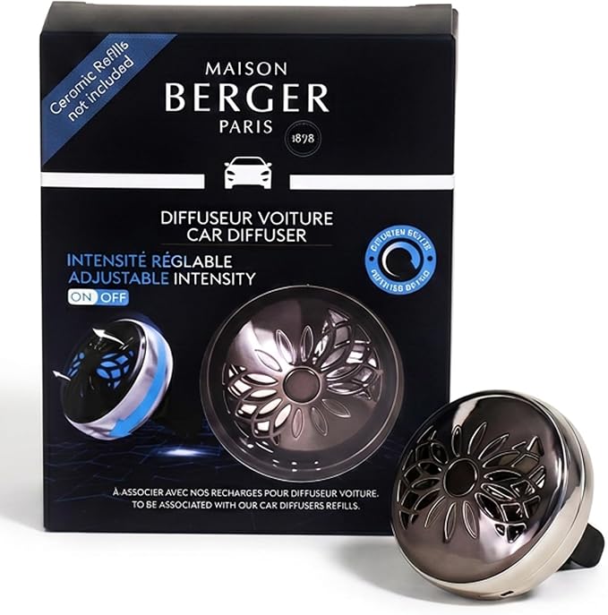 MAISON BERGER Car Diffuser, On/Off Flower Gun Metal, No Refill Included | Patented On/Off Control, Holder Only, Refill Sold Separately, Made in France