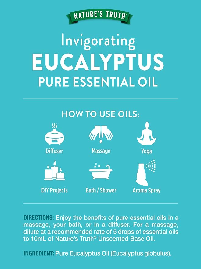Nature's Truth Eucalyptus Essential Oil | 15 mL | for Diffuser, Aromatherapy, and Massage | Pure Plant Based, Non-GMO & Gluten Free