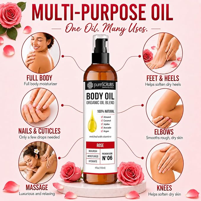 pureSCRUBS Ultra Moisturizing Rose Body Oil for Dry Skin, Lightweight Full Body Moisturizer for Soft, Silky Skin, Massage & Cuticle Oil, Vitamin E Enriched, 4 oz