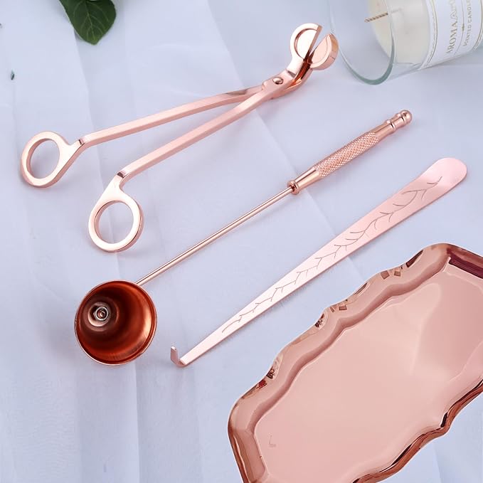 Candle Accessory Set Gift Box, Exquisite Wave Storage Tray Plate, Candle Wick Trimmer, Bell Candle Wick Snuffer, Candle Wick Dipper, 4-in-1 Candle Care Toll Kit for Scented Candle Lover, Rose Gold