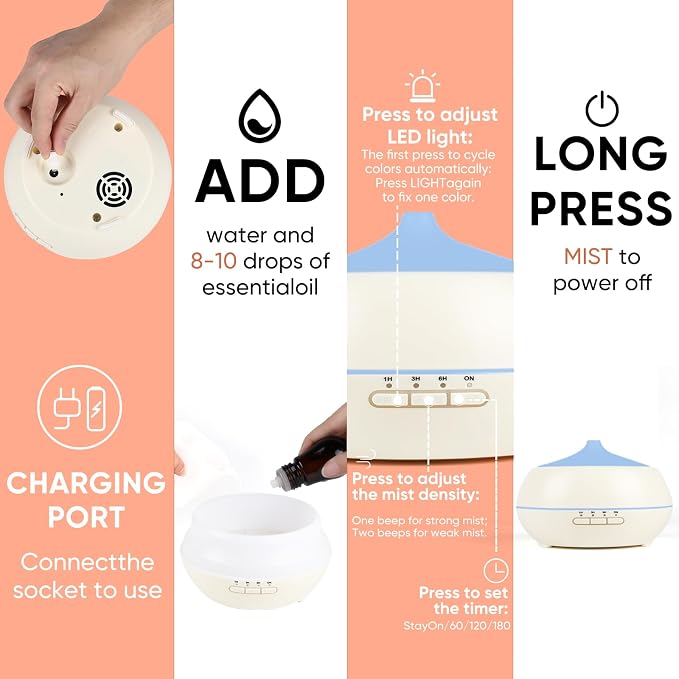 HAPPTWS 500ML Essential Oil Diffuser - BPA Free Ultrasonic Aromatherapy Diffuser, with 7-Color Lights - Waterless Auto Shut Off - Milky white
