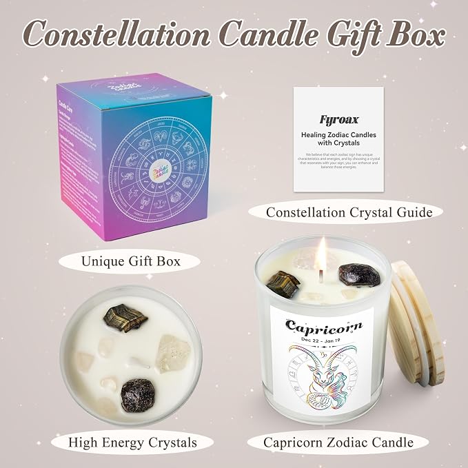 Capricorn Gifts for Women, Zodiac Capricorn Candle with Healing Crystals,Capricorn Birthday Gifts for Women, Mom, Sister, Friends, Meditation, Yoga, Relaxation (7oz)