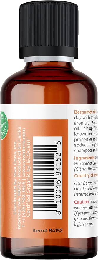 Viva Doria Bergamot Essential Oil, USDA, Certified Organic Bergamot Oil, 100% Pure, Natural Essential Oil, Undiluted, for Aromatherapy | Food Grade, 30 mL (1 Fluid Ounce)