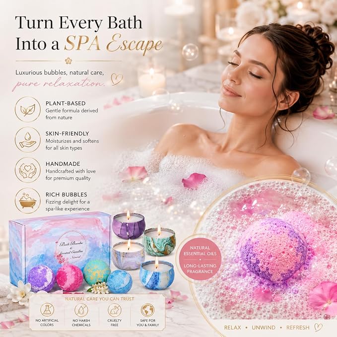 Bath Bombs Gift Set - 5 Large Fizzy Spa Bombs with 4 Scented Candles for Women - Moisturizing Bubble Bath with Essential Oils for Valentine's, Birthday Gifts
