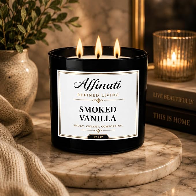 Affinati Smoked Vanilla 3 Wick Scented Candle – Large Soy Blend Candle, Strong Scent Throw Rich Warm Cozy Fireside Gourmand Candle, Premium Clean Burning Home Fragrance