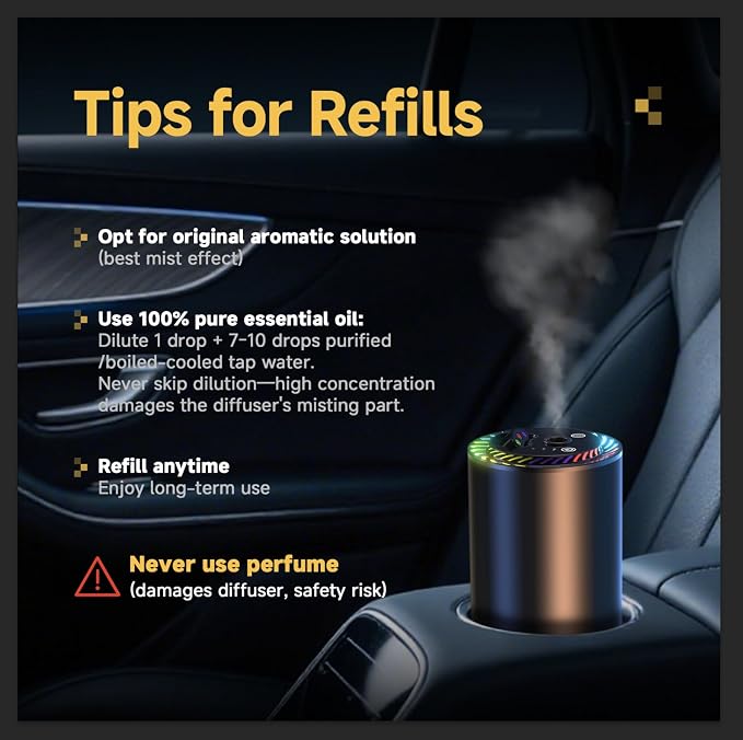 Smart Car Air Freshener with Star Light & 100ml Diffusers Oil Refills, Auto On/Off Aroma Diffuser, 3 Adjustable Mist Modes Rechargeable Aromatizante para Carro - Car Diffuser（Cologne+Ocean）