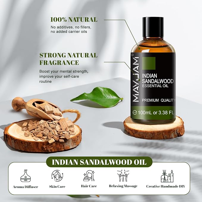 MAYJAM Indian Sandalwood Essential Oils 3.38 FL.OZ Pure Indian Sandalwood Oil for Massage Skin Care Hair Care Diffuser Candle and Soap Making - 100ml