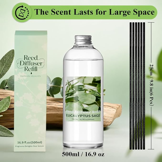 SCENTORINI Reed Diffuser Oil Refill, Eucalyptus Sage Diffuser Oil 16.9 Fl Oz, Natural Scented Essential Oil Refill Long Lasting Summer Home Fragrance for Large Space Room Spa Bathroom Home Decor