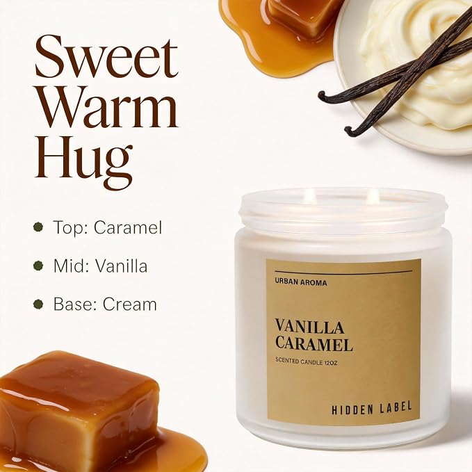 Hidden Label Vanilla Caramel Soy Candle, 12oz 2-Wick, 70H Gourmand Sweet | Non-Toxic Vegan Soy Wax | Vanilla Caramel Bakery Gourmand | Even Melt No Tunneling | Kitchen Living Room Cozy Gift