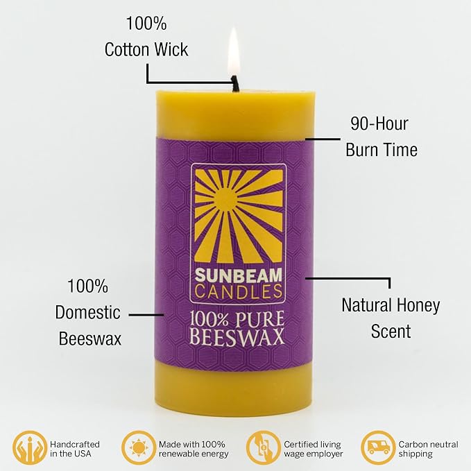 Sunbeam Candles 100% Pure Beeswax Pillar Candles | Long Burning All Natural Non-Toxic Beeswax Candles | Made in USA (Smooth, Natural Gold, 3"x6")