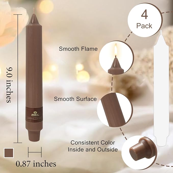 4 Pack Brown Taper Candles Sticks Unscented 9 inch Tapered Candle Dinner Smokeless Long Burning Candlesticks for Weddings Dinner Party Home Decor