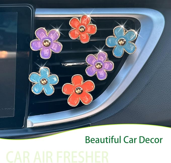 ORIESSE 6pcs Flower Car Air Freshener Vent Clips,Purple Orange Blue Daisy Flowers Air Vent Clip Car Accessories for Women 3.3cm/3cm Flower Girly Vehicle Decor,Refillable Diffuser