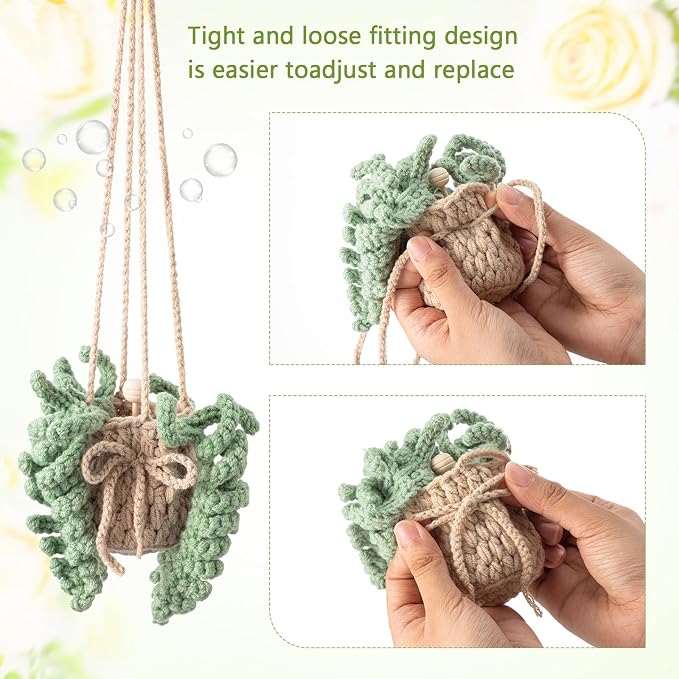 DaisyInner Cute Crochet Plant Car Freshener 12ml Empty Refillable Diffuser Bottle with Plants Hanging Accessories for Ornaments Charms Rearview Mirror Home Office Decor Women Gifts(Fern)