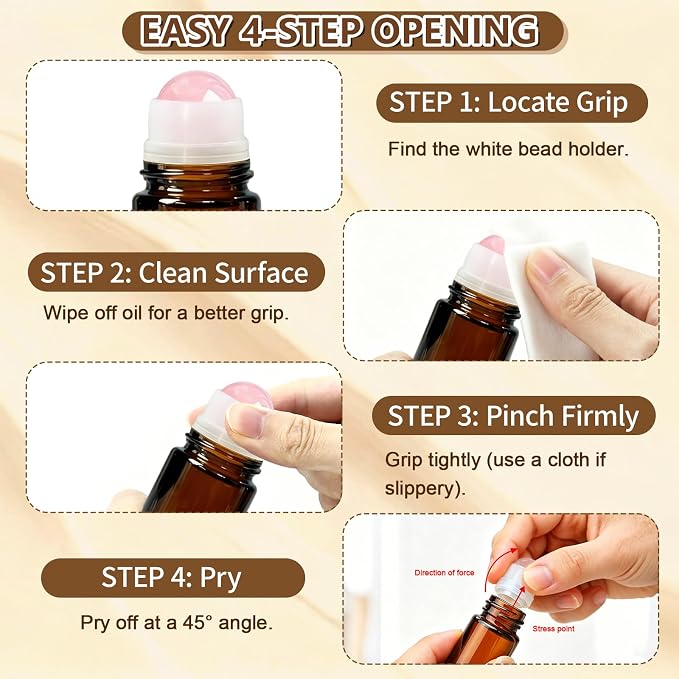 50ml Amber Glass Roll-On Bottles For Castor Oil Brows & Lashes/DIY Perfume/Face Serum/Massage Oil, Essential Oils - Rose Quartz Crystal Ball, Refillable Leak-Proof Rollerball