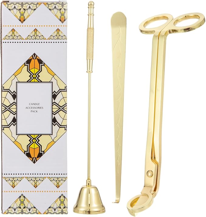 3 in 1 Candle Accessory Set,Large Candle Wick Trimmer Snuffer Extinguisher Dipper Hook with Long Handle,Stainless Steel Candle Wick Scissor Cutter Clipper Kit Gift (3 Pcs Gold Set)